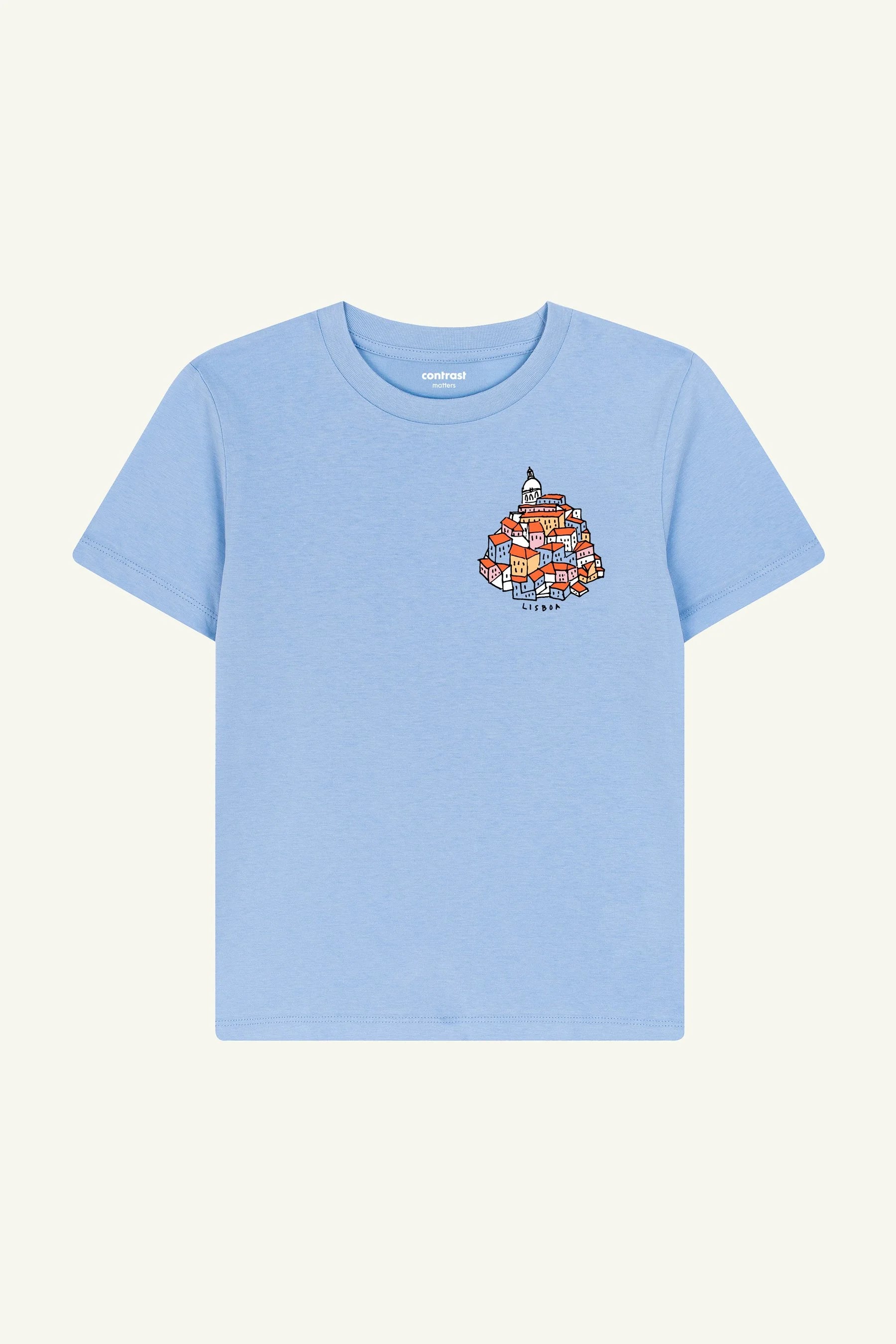 Contrast Alfama Hill kids graphic t-shirt in Blue Soul, organic cotton tee designed in Portugal