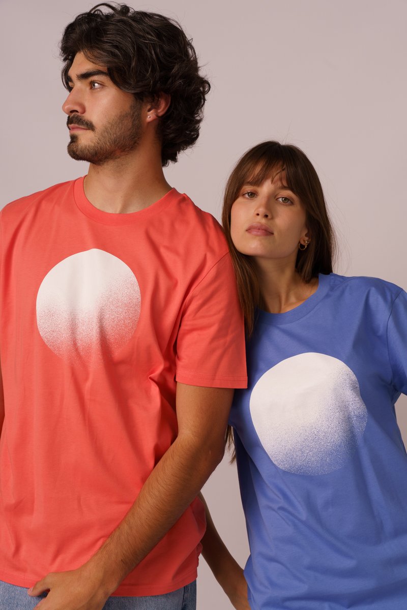 Contrast designer graphic tees collection featuring Moon organic tee shirts in blue.