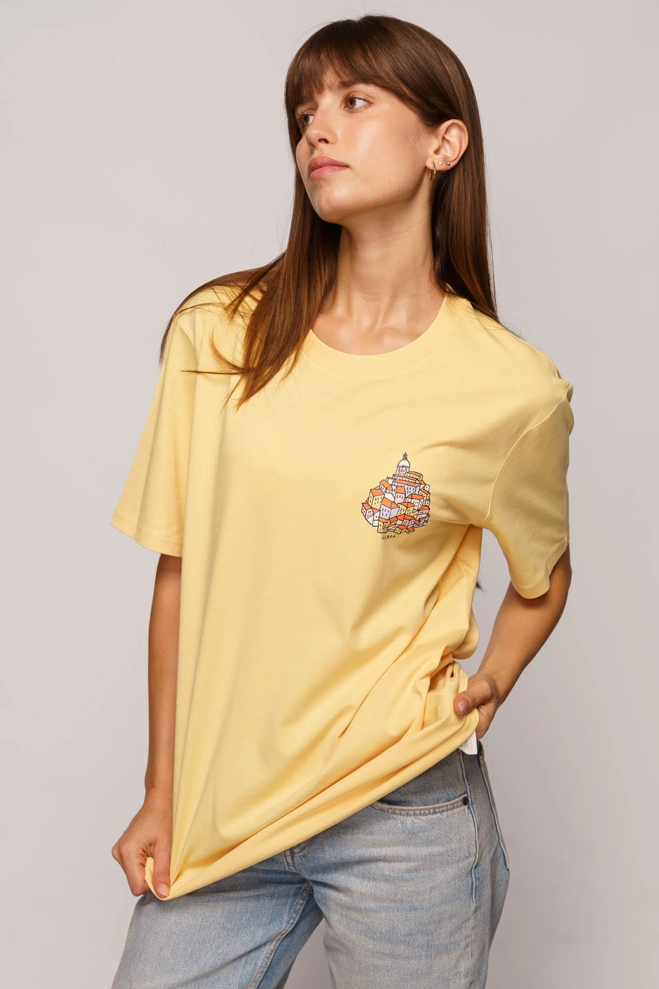 Contrast organic t-shirts collection, Alfama Hill t-shirt graphic design in bold yellow color