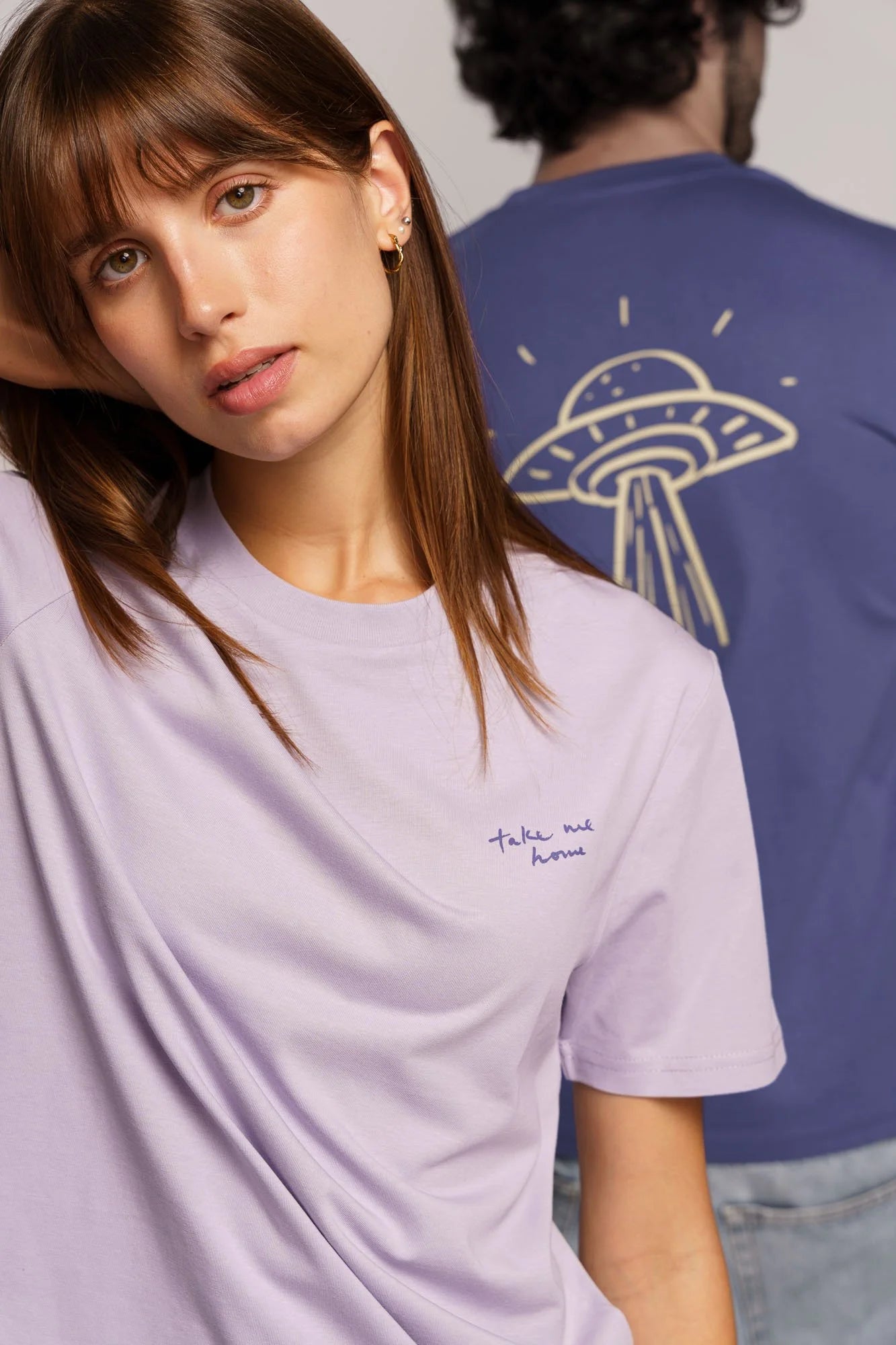 Contrast designer graphic tees collection featuring Take Me Home organic tee shirts in Lavender.