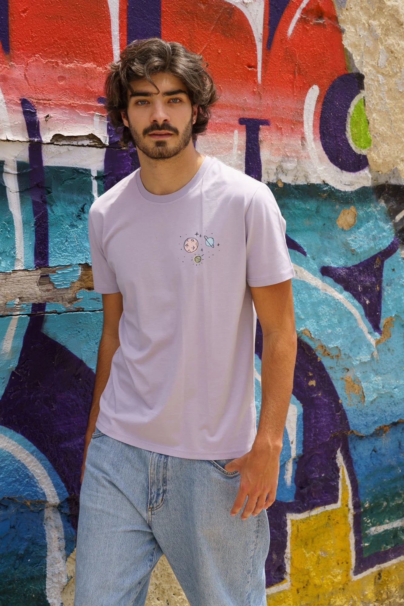 Organic t-shirt by Contrast, Outer Space t-shirt graphic design in soft lavender tone, stargazer style.