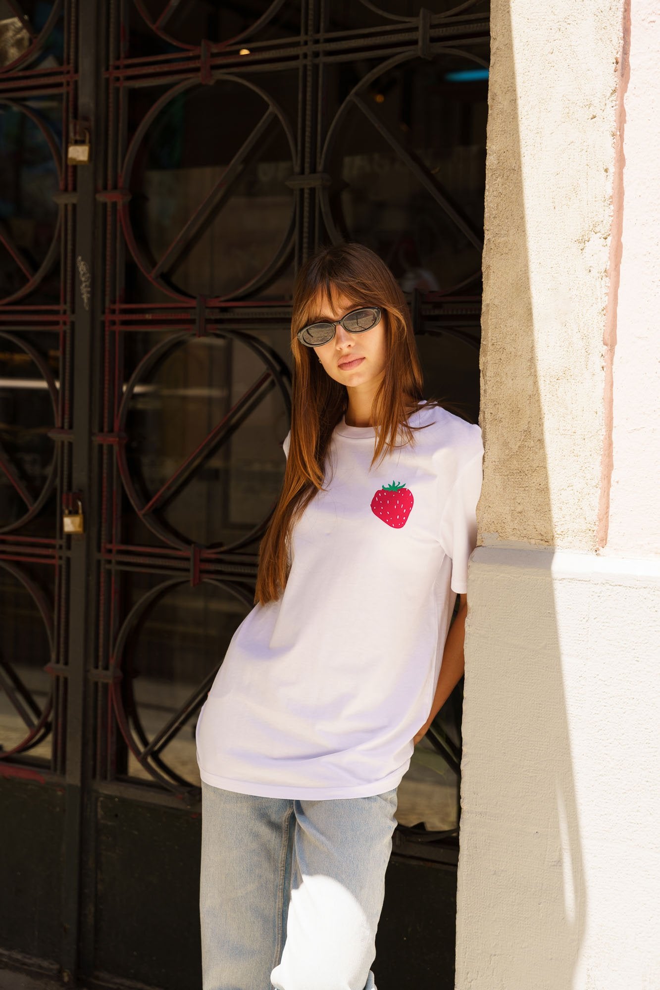 White designer graphic tees by Contrast, Strawberry print organic t-shirt for summer looks