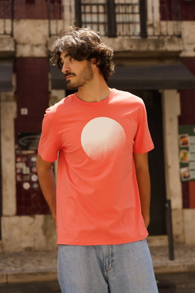 Organic tee shirts by Contrast, Moon Fiesta Orange t-shirt graphic design with abstract celestial print.