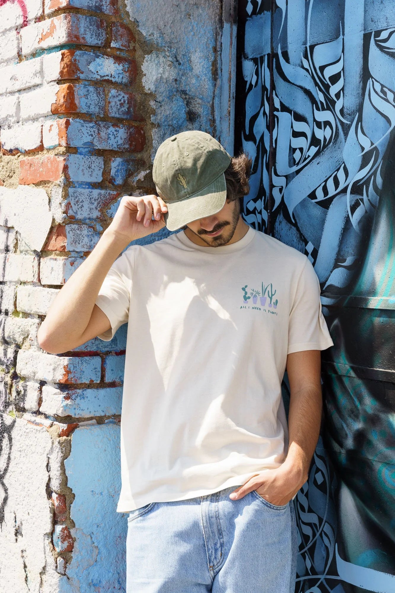 Organic cotton embroidered hat, Contrast Cactus design in Washed Khaki