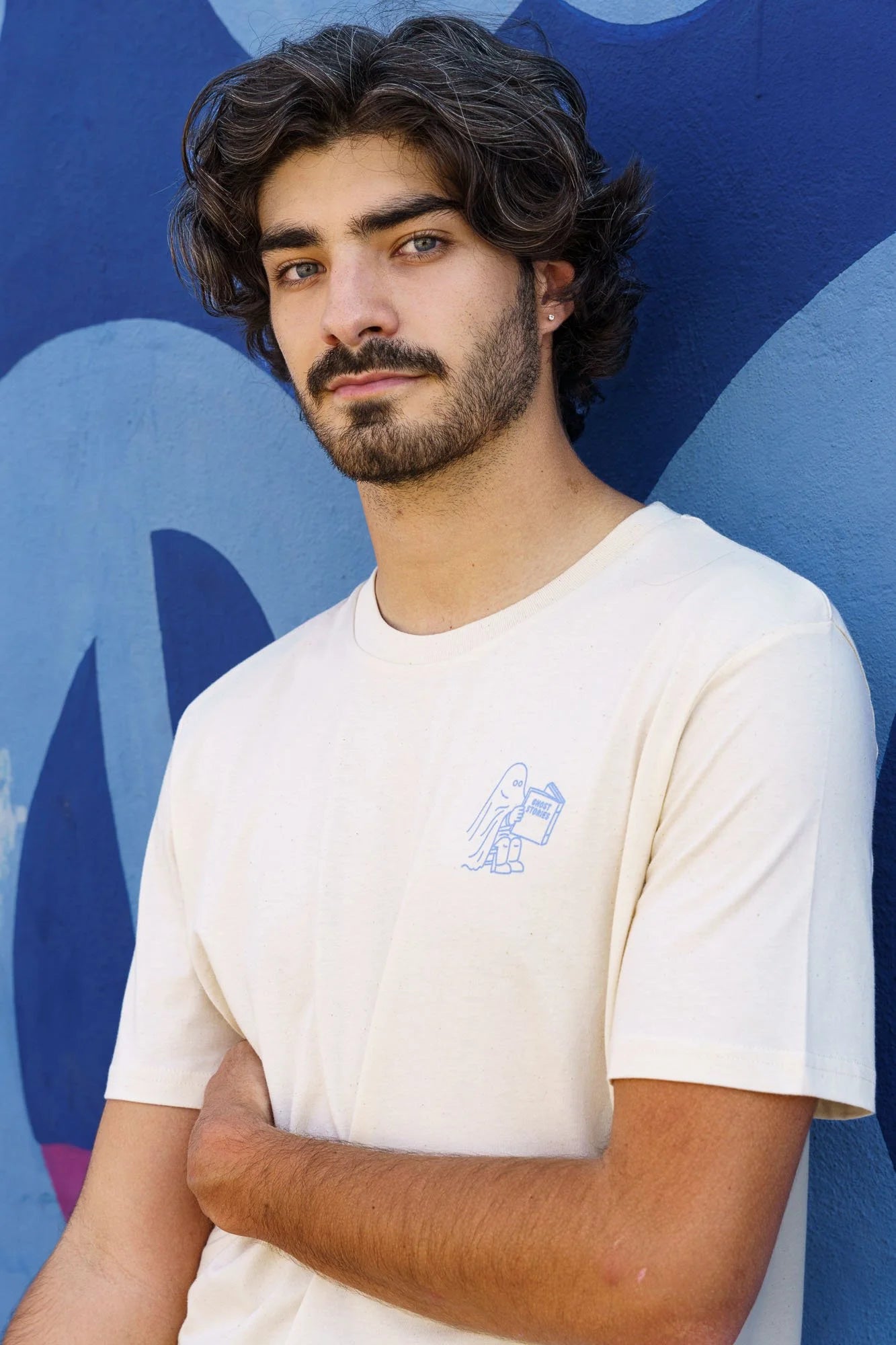 Organic t-shirt by Contrast, Ghost Stories t-shirt graphic design with spooky illustration in purple ink.