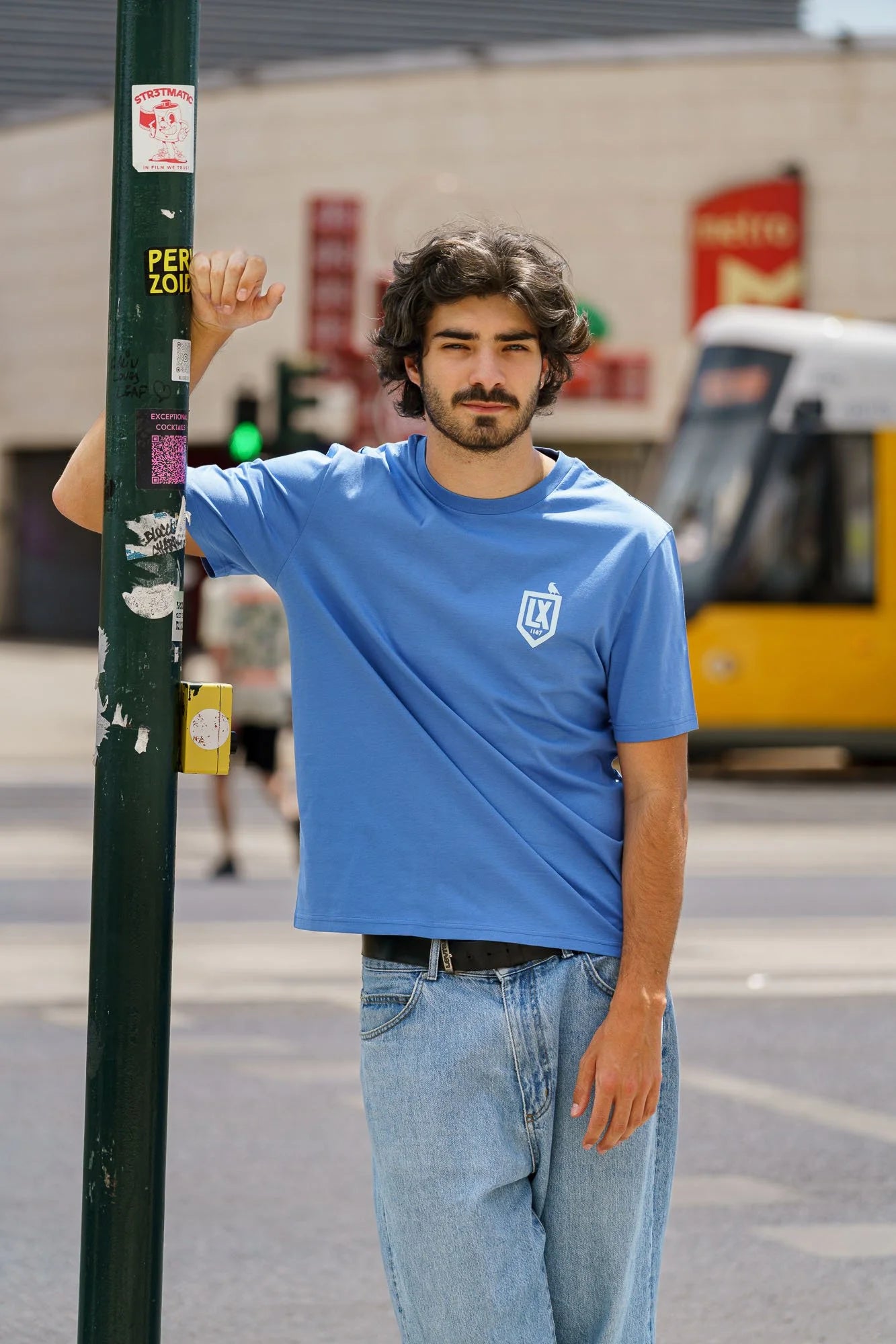 Contrast designer graphic tee LX Badge print, unisex organic cotton t-shirt in bright blue