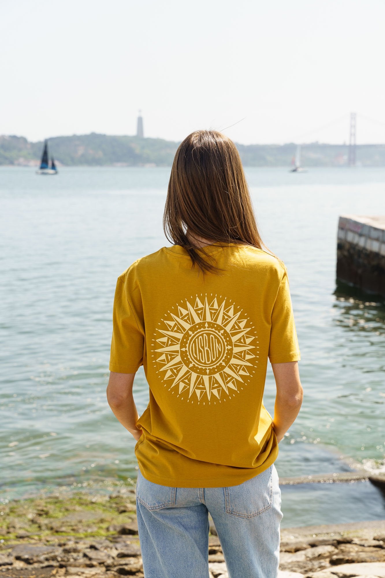 Organic t-shirt by Contrast, Wind Rose t-shirt graphic design with ochre tones, subtle Lisbon souvenir.